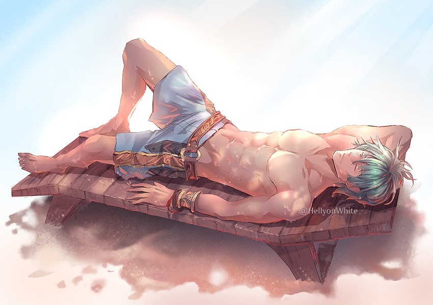 blue_eyes closed_eyes ephraim fire_emblem fire_emblem:_seima_no_kouseki fire_emblem_heroes green_hair male_focus muscle navel paula_biedma short_hair sleeping solo swimsuit