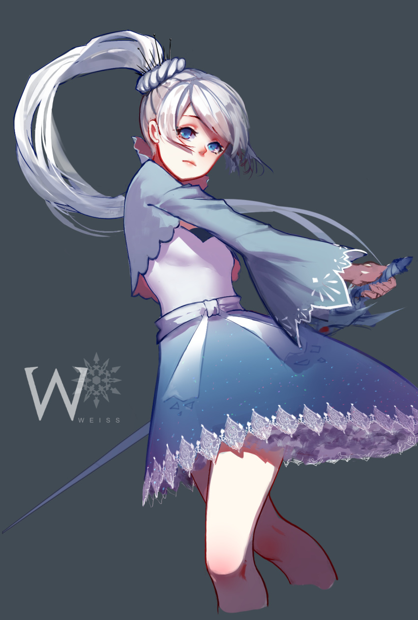 ahivemind alpha_transparency blue_eyes capelet character_name commentary_request cropped_legs female from_below grey_background highres long_hair myrtenaster ponytail rwby solo weiss_schnee wide_sleeves