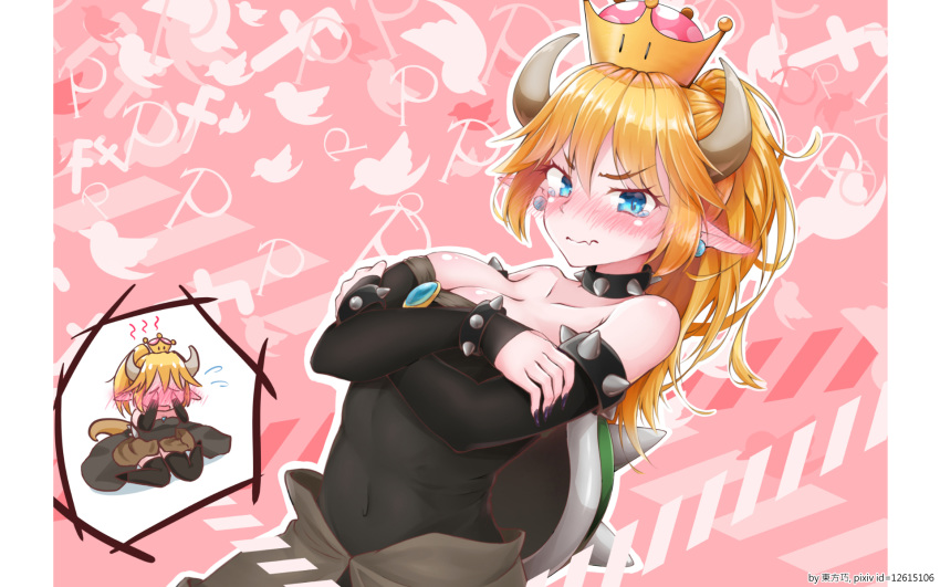 bare_shoulders black_dress black_footwear black_sleeves black_thighhighs blonde_hair blue_eyes blush bowsette breasts brooch chibi chibi_inset cleavage closed_mouth colored_eyelashes commentary_request covered_navel covering_own_eyes crossed_arms crown dress ear_blush earrings elbow_sleeve embarrassed facebook fang_out female fingernails hair_between_eyes higashikata_kou highres horns jewelry large_breasts letterboxed long_hair looking_at_viewer mario_(series) nail_polish new_super_mario_bros._u_deluxe nose_blush oerba_yun_fang open_mouth pink_background pixiv pointy_ears ponytail purple_nails sharp_fingernails shiny_skin sidelocks sitting skin_fang skindentation solo spiked_shell strapless strapless_dress super_crown tail tearing_up thighhighs toned twitter upper_body waist_cape wariza wavy_mouth