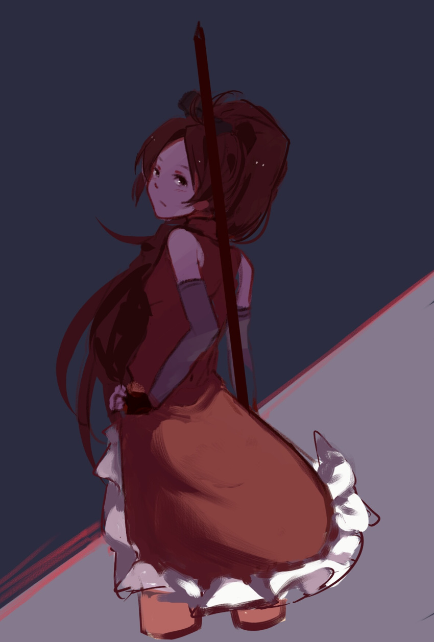 ahivemind bare_shoulders commentary_request cropped_legs detached_sleeves diagonal_stripes expressionless female fingerless_gloves gloves hand_on_own_hip highres long_hair looking_at_viewer mahou_shoujo_madoka_magica mahou_shoujo_madoka_magica_(anime) painterly polearm ponytail red_hair sakura_kyoko sakura_kyoko_(magical_girl) solo striped striped_background weapon