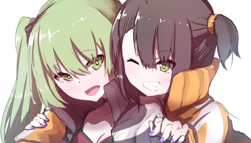 2girls :d absurdres bad_id bad_twitter_id black_bow black_jacket bow breasts brown_hair cleavage collarbone commentary fingernails green_eyes green_hair grin hair_between_eyes hair_ornament hair_scrunchie hairbow hand_up head_tilt highres holding_hands hug hug_from_behind jacket long_hair long_sleeves multiple_girls nail_polish one_eye_closed one_side_up open_clothes open_jacket open_mouth orange_jacket original purple_nails scrunchie short_hair siblings sidelocks simple_background sisters sleeves_past_wrists smile track_jacket wada_kazu wada_kazu_(character) wada_nodoka white_background yellow_scrunchie