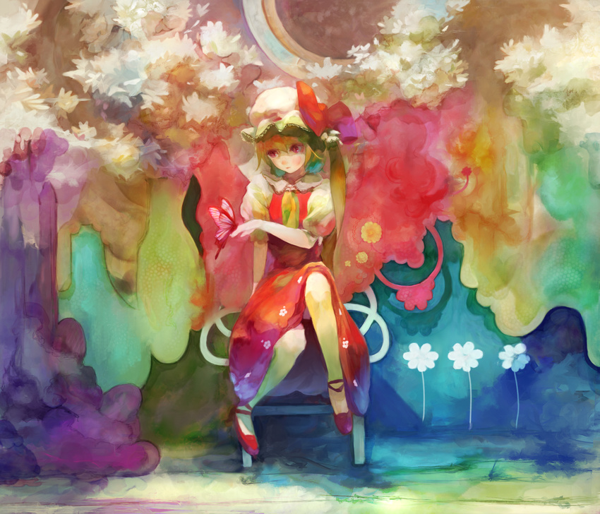 absurdres adapted_costume ascot blonde_hair bow bug butterfly chair commentary_request female flandre_scarlet floral_print hat hat_bow highres hogecomhoge mob_cap no_wings photoshop_(medium) ponytail puffy_sleeves red_eyes shirt short_hair short_sleeves side_ponytail sitting skirt skirt_set solo touhou vest