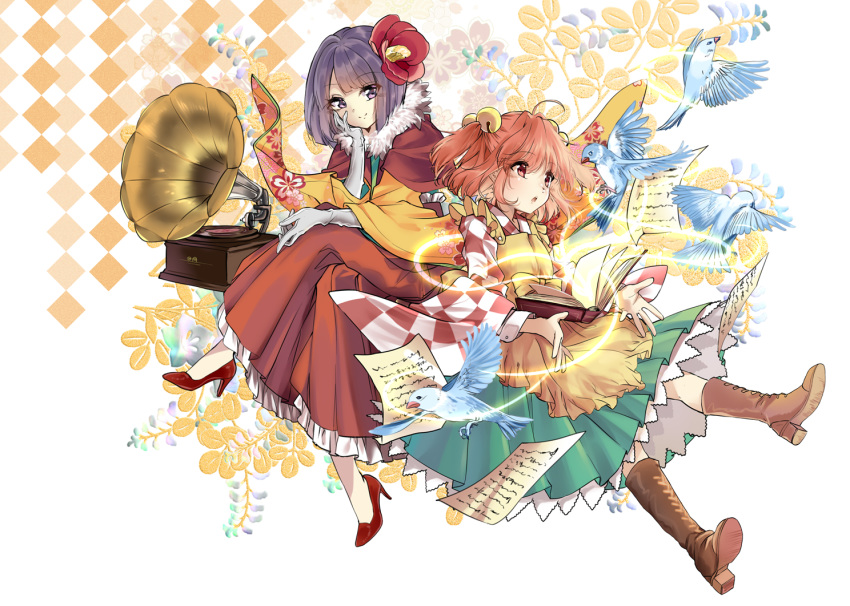 2girls agatha_chris_q_outfit_(touhou) apron arm_rest bell bird book boots capelet checkered_background commentary_request cross-laced_footwear crossed_legs elbow_gloves floral_background flower forbidden_scrollery fur_collar gloves hair_bell hair_flower hair_ornament head_rest hibiscus hieda_no_akyuu high_heels hysteria japanese_clothes kimono knee_boots light_trail looking_at_viewer looking_to_the_side meiji_schoolgirl_uniform motoori_kosuzu multiple_girls open_book open_hands open_mouth outstretched_leg pantyhose paper petticoat phonograph purple_eyes purple_hair red_eyes red_footwear red_hair shawl short_hair smile touhou two_side_up white_legwear