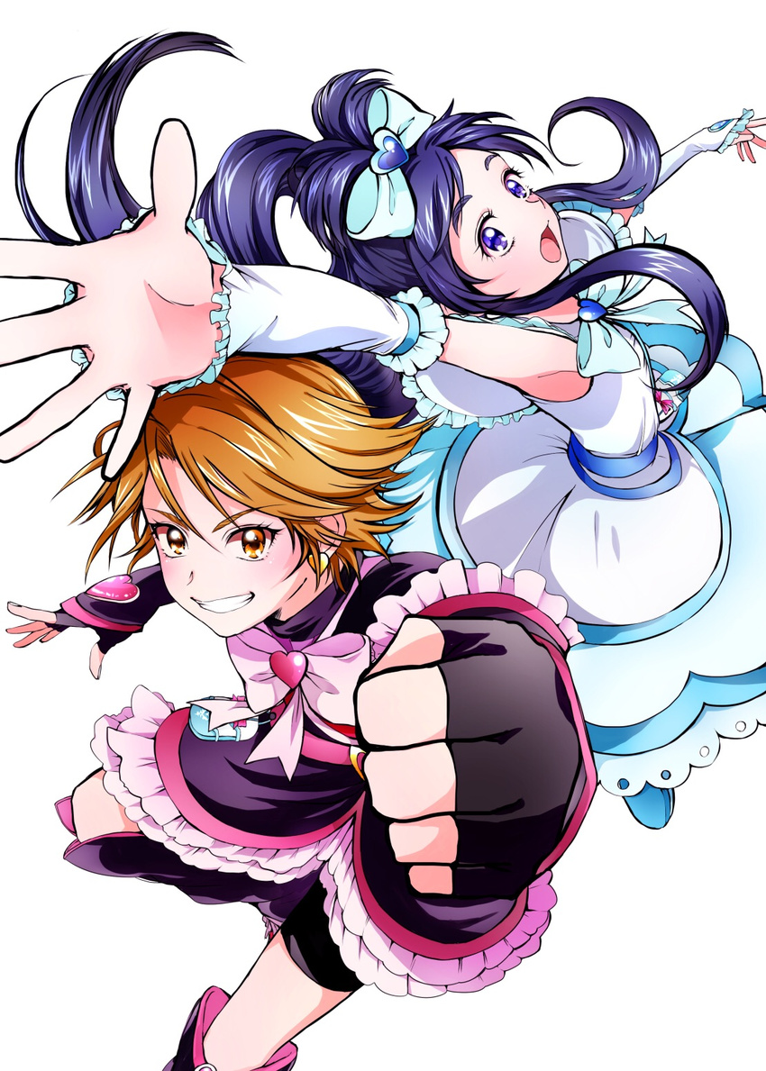 2girls arm_warmers blue_eyes blue_hair boots bow brooch brown_eyes brown_hair commentary_request cure_black cure_white dress earrings futari_wa_precure gloves grin hairbow half_updo heart heart_brooch highres jewelry knee_boots leg_warmers long_hair magical_girl mikan_(mikataaaa) misumi_nagisa multiple_girls precure ribbon short_hair smile yukishiro_honoka