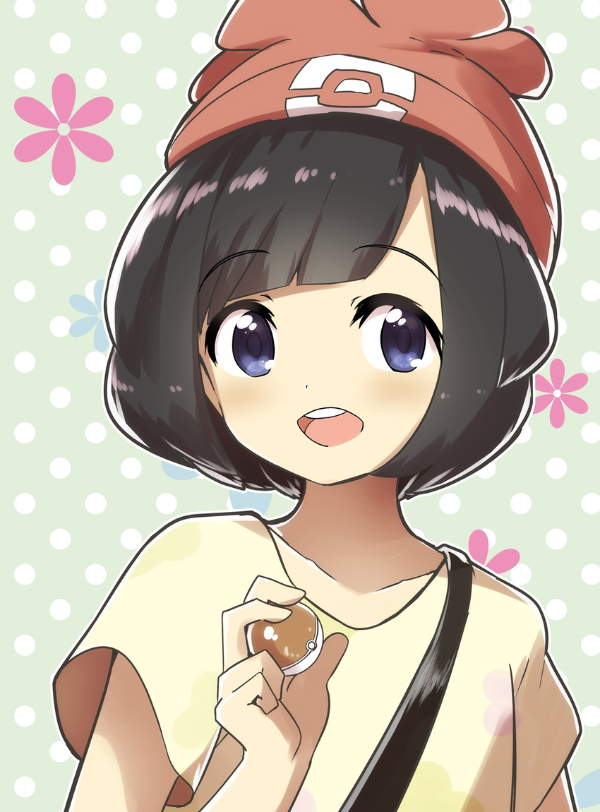 bad_id bad_pixiv_id beanie black_hair blue_eyes blush commentary_request female floral_print hat highres holding holding_poke_ball naga_(naga54321) open_mouth poke_ball poke_ball_print pokemon pokemon_sm polka_dot polka_dot_background red_hat round_teeth selene_(pokemon) shirt short_hair short_sleeves solo swept_bangs t-shirt teeth upper_body