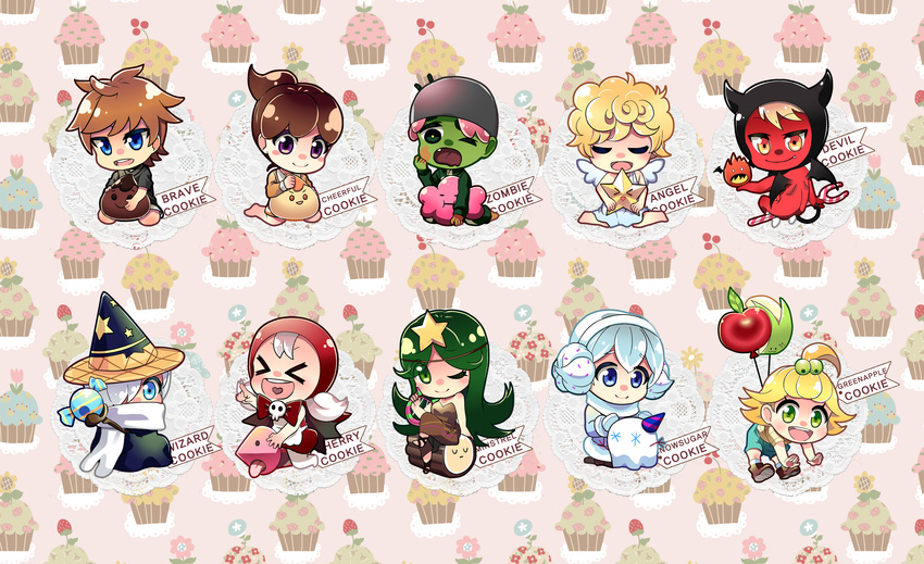 >_< :d absurdres angel_cookie apple_cookie apple_rabbit_(cookie_run) bat_wings blonde_hair blue_eyes blush blush_stickers bow brain_gum brave_cookie brown_dress brown_hair carol_cookie cheerful_cookie cheeseberry cherry_cookie chibi closed_eyes colored_skin commentary_request cookie_run devil_cookie dress drop_of_choco earmuffs flame_bat green_eyes green_hair green_skin hair_over_one_eye harp highres humanization instrument long_hair multiple_boys multiple_girls one_eye_closed open_mouth photoshop_(medium) pink_hair pumon purple_eyes red_skin rocket_firecracker scarf short_hair smile snow_sugar_cookie star_(symbol) twintails white_hair wings wishing_star_(cookie_run) wizard_cookie yawning yule_log_(cake) yule_log_cake zombie zombie_cookie