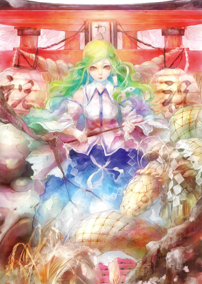 animal bad_id bad_pixiv_id barefoot detached_sleeves female frog_hair_ornament gohei green_hair hair_ornament hair_tubes highres hogecomhoge japanese_clothes kochiya_sanae long_hair long_sleeves looking_at_viewer miko mishaguji photoshop_(medium) rope shide shimenawa shirt skirt snake snake_hair_ornament torii touhou wide_sleeves