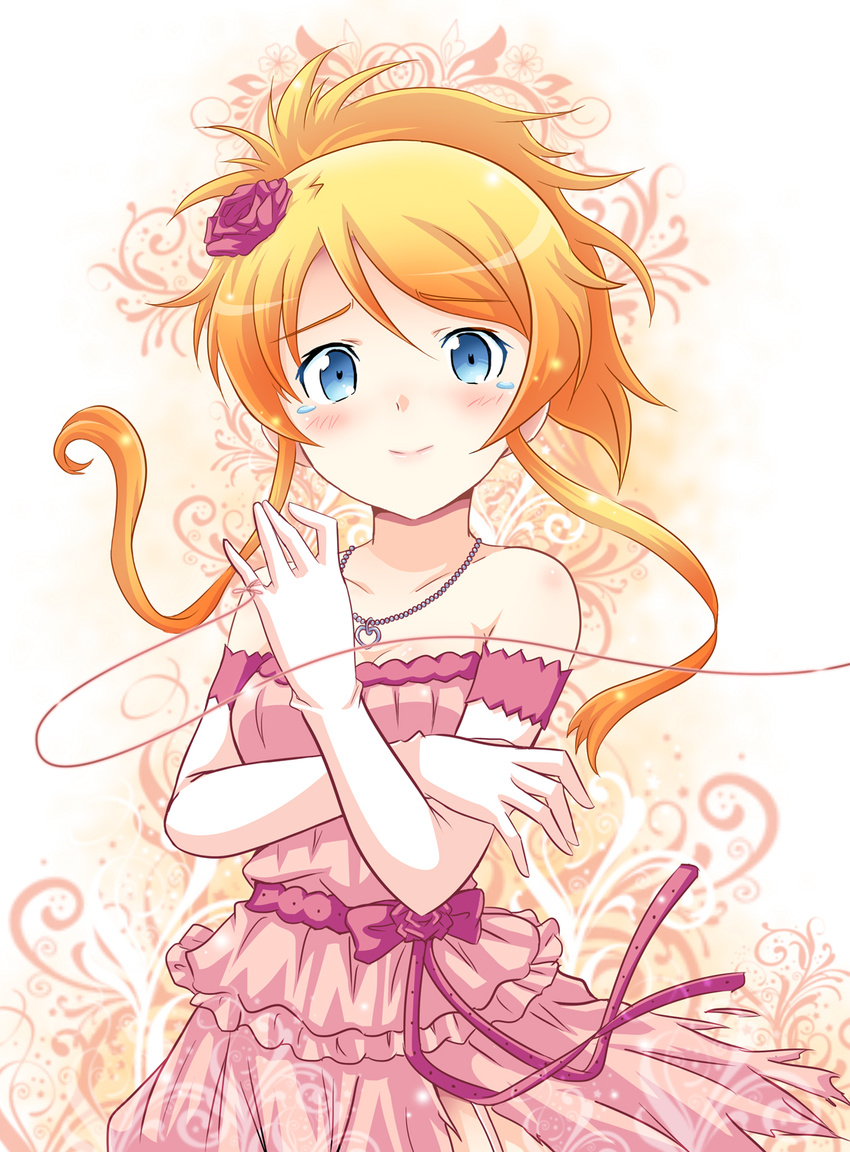 bare_shoulders blue_eyes commentary dress female gloves gown highres kousaka_kirino long_hair orange_hair ore_no_imouto_ga_konna_ni_kawaii_wake_ga_nai photoshop_(medium) ryusei2u solo