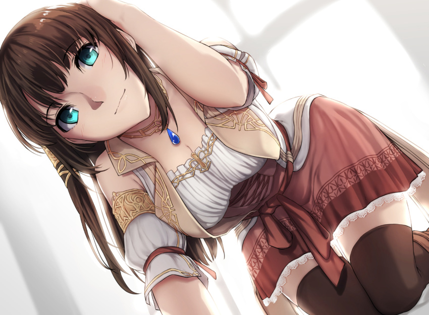 aqua_eyes aya_(infinite_undiscovery) bare_shoulders bent_over black_thighhighs blush boots breasts brown_footwear brown_hair cleavage closed_mouth collared_vest commentary_request detached_sleeves female hair_ornament hand_on_own_head infinite_undiscovery jewelry kneeling large_breasts long_hair looking_at_viewer nagioka necklace puffy_short_sleeves puffy_sleeves red_ribbon red_skirt ribbon shirt short_sleeves skirt solo thighhighs vest white_shirt zettai_ryouiki