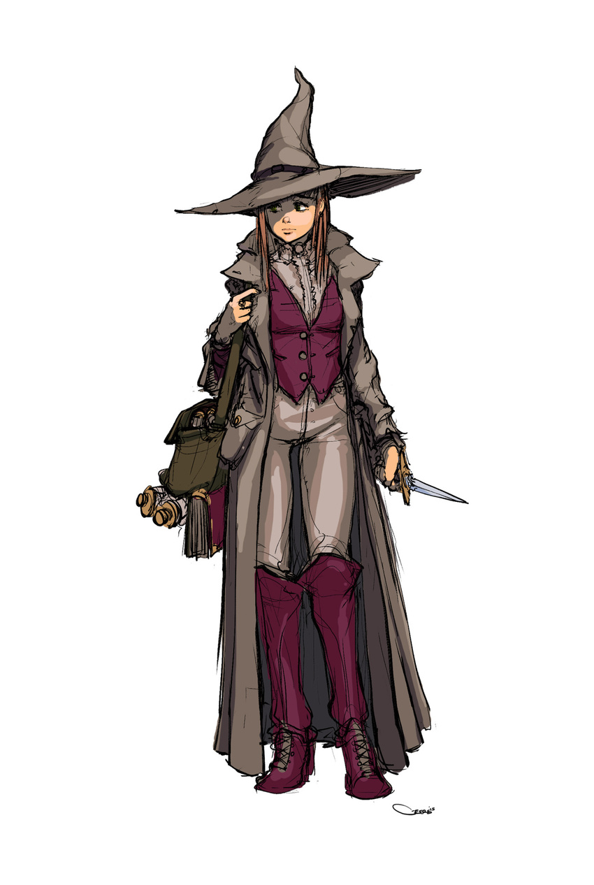 bag book boots concept_art dagger darren_geers female flat_chest full_body hat highres knee_boots long_coat long_hair original pants scroll solo vest weapon wizard_hat