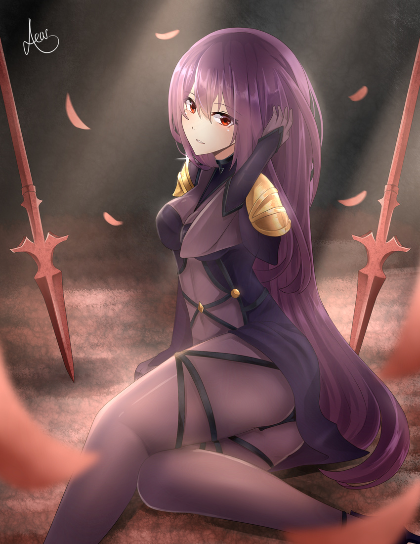 aeus armor ass bodysuit breasts commentary_request covered_navel dual_wielding fate/grand_order fate_(series) female gae_bolg_(fate) gloves hair_between_eyes highres holding long_hair looking_at_viewer partial_commentary pauldrons petals polearm purple_bodysuit purple_hair red_eyes scathach_(fate) serious shoulder_armor smile solo spear weapon