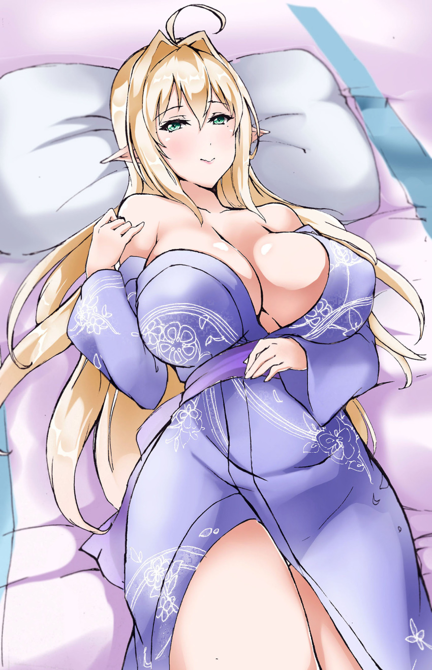 ahoge bare_shoulders bed blonde_hair bolobolo breasts elf female female green_eyes highres indoors japanese_clothes large_breasts long_hair looking_at_viewer lying mole no_bra on_back original pointy_ears smile solo thighs yukata