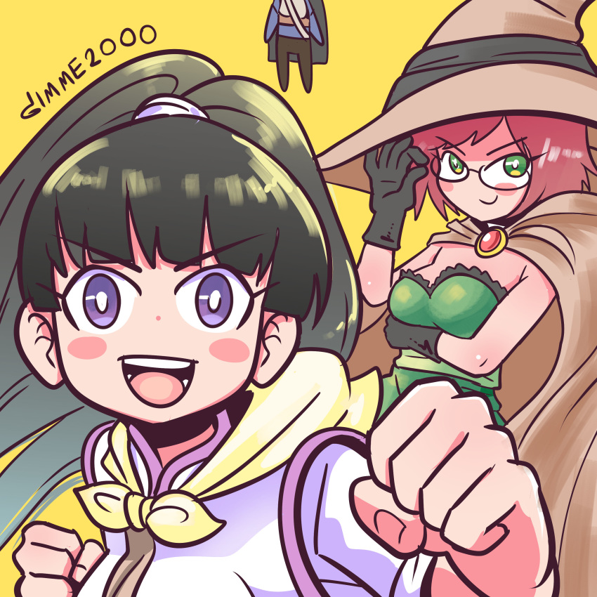 1boy 2girls absurdres adjusting_eyewear black_hair blue_eyes blush_stickers breast_hold breasts cape clenched_hand commentary fighter_(goblin_slayer!) gimme2000 glasses goblin_slayer! green_eyes hat highres looking_at_viewer mami_mogu_mogu multiple_girls open_mouth out_of_frame photoshop_(medium) ponytail red_hair simple_background smile smug warrior_(goblin_slayer!) witch_hat wizard_(goblin_slayer!) yellow_background