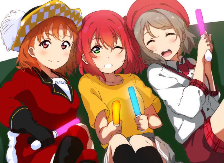 3girls bad_id bad_pixiv_id beret boots braid brown_hair closed_eyes collarbone cyaron!_(love_live!) glowstick green_eyes grin hair_between_eyes hat highres icehotmilktea kurosawa_ruby looking_at_viewer love_live! love_live!_sunshine!! multiple_girls one_eye_closed orange_hair overall_shorts overalls pirate_hat pleated_skirt red_eyes red_hair side_braid sitting skirt smile takami_chika watanabe_you