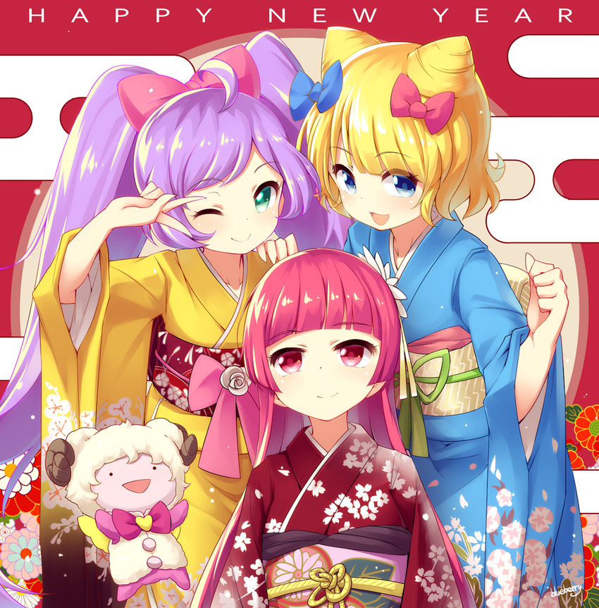 3girls :d ;) ahoge artist_name blonde_hair blue_eyes blueberry_(5959) blunt_bangs blush bow clenched_hand commentary_request cone_hair_bun egasumi floral_background floral_print flower furisode green_eyes hair_bun hair_flower hair_ornament hairbow happy_new_year highres hojo_sophy horns japanese_clothes kimono kuma_(pripara) long_hair manaka_laala minami_mirei multiple_girls new_year obi one_eye_closed open_mouth pretty_series pripara purple_hair red_eyes red_hair sash sheep_hat sheep_horns short_hair signature smile solid_circle_eyes swept_bangs triangle_mouth twintails v_over_eye very_long_hair