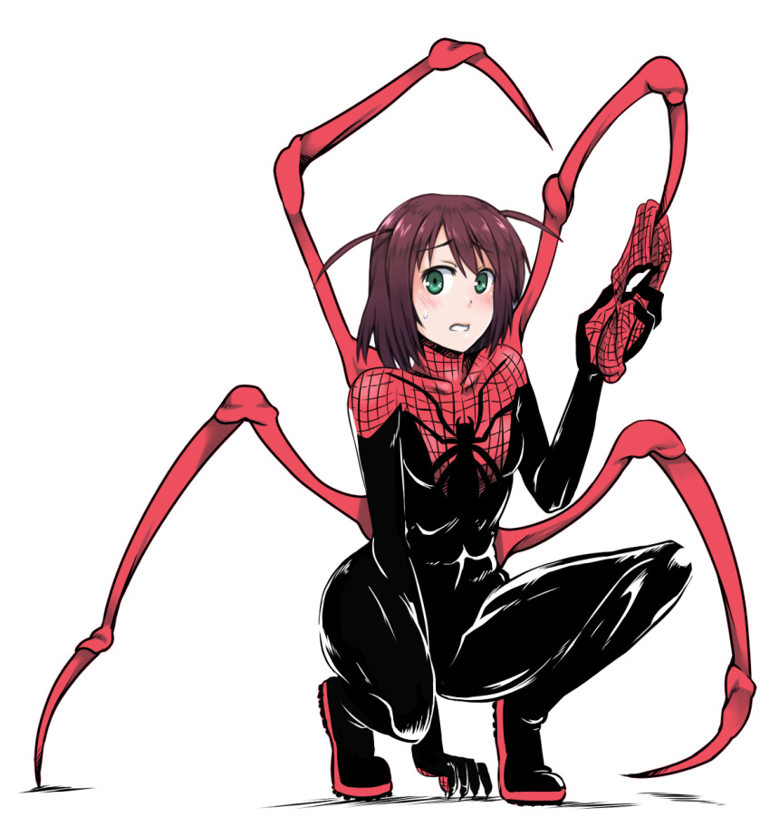 abs animal_print arthropod_girl arthropod_limbs binkan-chan black_bodysuit blush bodysuit breasts brown_hair cosplay crossover female green_eyes highres marvel mask shimoneta_to_iu_gainen_ga_sonzai_shinai_taikutsu_na_sekai short_twintails solo spider-man spider-man_(cosplay) spider-man_(series) spider_girl spider_print spider_web_print squatting superior_spider-man sweatdrop techsupportdog twintails unworn_mask