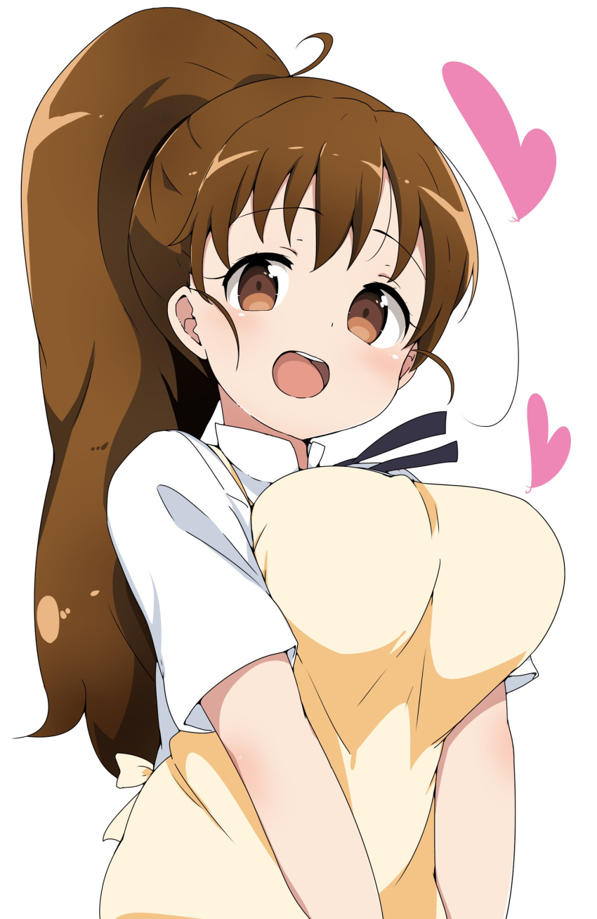 apron blush breasts brown_eyes brown_hair female heart highres large_breasts long_hair looking_at_viewer open_mouth ponytail riyo_(aokiwazumi) smile solo taneshima_popura wagnaria_uniform waitress working!!