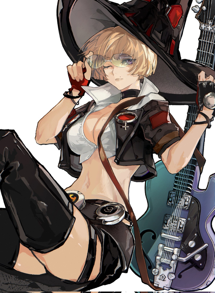 belt black_gloves black_thighhighs blonde_hair bob_cut breasts choker cleavage crop_top electric_guitar female found_modori glasses gloves green-tinted_eyewear guilty_gear guilty_gear_strive guitar hat highres i-no instrument large_breasts midriff mole mole_above_mouth mole_under_eye navel one_eye_closed simple_background sitting solo stomach sunglasses thighhighs thighs tinted_eyewear white_background witch_hat