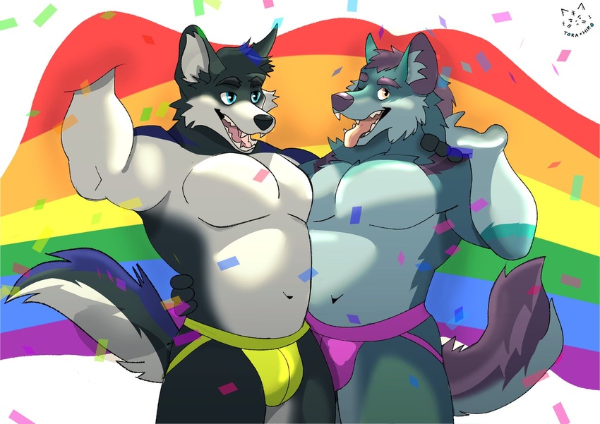 anthro belly belly_to_belly biceps blue_body blue_fur bulge canid canine canis clothed clothing colby_(husky) confetti domestic_dog flag flag_(object) fur grey_body hair holding_flag holding_object husky jockstrap jockstrap_only lgbt_pride lgbt_pride_month male mammal muscular muscular_anthro muscular_male navel nordic_sled_dog open_mouth pecs pecs_touching pride_color_flag pride_colors purple_hair rainbow_flag rainbow_pride_colors rainbow_pride_flag rainbow_symbol simple_background six-stripe_rainbow_pride_colors spitz topless toraxhiro underwear underwear_only wolf yukon