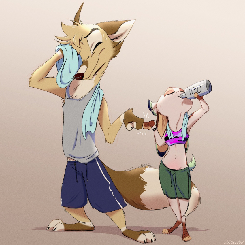 1:1 2019 anthro barefoot beverage bodily_fluids bottomwear canid canine cheek_tuft closed_eyes clothed clothing drinking duo facial_tuft feet fist_bump fox fully_clothed fur gesture head_tuft hi_res holding_beverage holding_object lagomorph leporid mammal midriff rabbit ribbontail_(character) ribbontini shirt shorts simple_background sweat sweatdrop tan_body tan_fur tank_top topwear towel tuft vulpesvant_(character) white_body white_fur