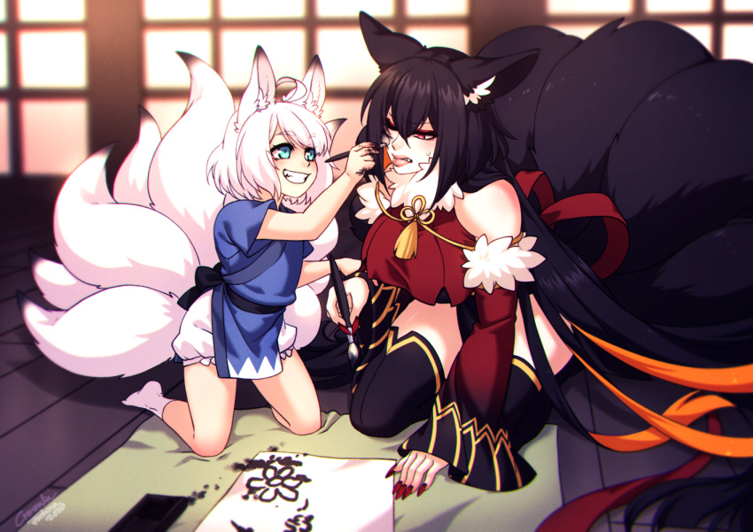 5_fingers 7_tails 8_tails adolescent ahoge animal_humanoid annoyed asian_clothing big_breasts black_body black_clothing black_ears black_fur black_hair black_inner_ear black_legwear black_stockings black_tail black_tail_tip black_thigh_highs blue_clothing blue_eyes blue_shirt blue_topwear bodily_fluids body_writing breasts brush calligraphy calligraphy_brush canid canid_humanoid canine canine_humanoid clothed clothing clothing_bow cloverleaf_knot colored colored_nails crescentia_fortuna daughter_(lore) day digital_media_(artwork) dipstick_ears dipstick_tail duo ear_markings east_asian_clothing eye_contact eyelashes eyeliner female fingers fluffy fluffy_tail footwear fox_humanoid fully_clothed fur fur_trim_(clothing) grin hair holding_brush holding_object holding_paintbrush humanoid humanoid_hands inner_ear_fluff inside japanese_clothing kneeling legwear light_body light_skin lips long_hair looking_at_another makeup mammal mammal_humanoid markings monotone_body monotone_fur monotone_hair monotone_tail mother_(lore) mother_and_child_(lore) mother_and_daughter_(lore) multi_tail multicolored_body multicolored_ears multicolored_fur multicolored_hair multicolored_tail nails orange_hair paintbrush parent_(lore) parent_and_child_(lore) parent_and_daughter_(lore) pink_lips red_bow red_clothing red_eyeliner red_eyes red_nails red_ribbon red_topwear shaded shirt short_hair smile socks stockings sweat sweatdrop tail tail_markings tassels thigh_highs topwear tuft two_tone_body two_tone_ears two_tone_fur two_tone_hair two_tone_tail white_body white_clothing white_ears white_footwear white_fur white_hair white_inner_ear white_inner_ear_fluff white_socks white_tail window writing_on_face young