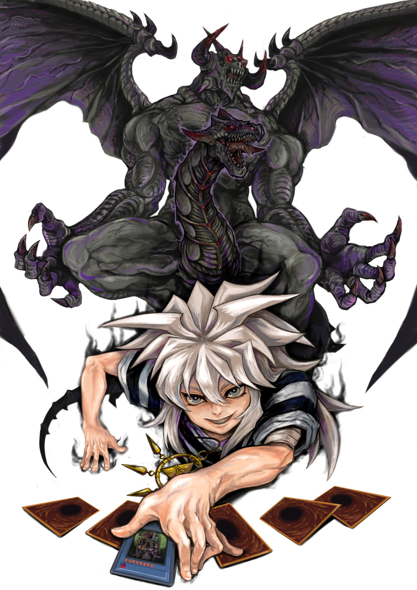 1boy aura card chinchira claws dark_master_-_zorc dragon duel_monster highres holding holding_card horns jewelry long_hair male_focus millennium_ring monster necklace open_mouth red_eyes shirt smile spiked_hair striped_clothes striped_shirt teeth tongue tongue_out veins white_background white_eyes white_hair wings yami_bakura yu-gi-oh! yu-gi-oh!_duel_monsters zorc_necrophades