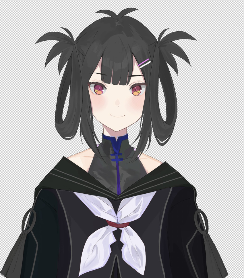 alternate_color atelier_live black_hair brown_eyes female hair_ornament hair_rings hairclip highres kani_kanizawa light_blush looking_at_viewer sailor_collar sidelocks simple_background smile solo straight-on tagicrabbu upper_body variant_set virtual_youtuber