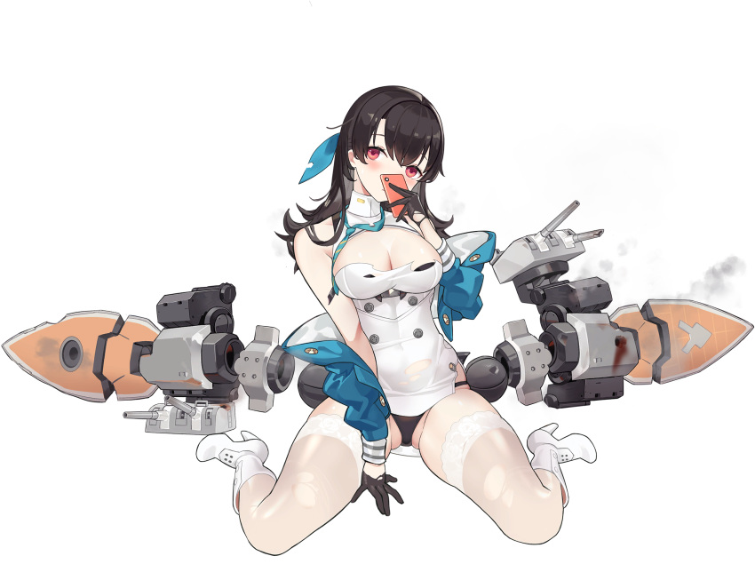 artist_request atago_(blue_oath) bare_shoulders black_gloves black_hair black_panties blue_jacket blue_necktie blue_oath blush boots breasts cellphone cleavage damaged dress female full_body gloves hair_ribbon high_heel_boots high_heels highleg highleg_panties highres holding holding_phone jacket knee_boots lace lace-trimmed_legwear lace_trim large_breasts long_hair necktie off_shoulder official_art open_mouth panties phone red_eyes ribbon rigging sitting skin_tight sleeveless sleeveless_dress smartphone smoke solo sweat thighhighs torn_clothes torn_thighhighs transparent_background underwear weapon white_dress white_footwear white_thighhighs