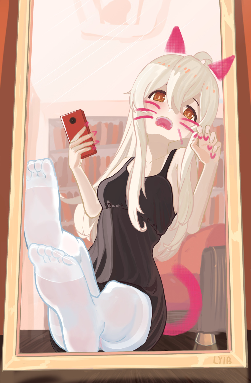 absurdres ahoge black_dress cellphone commentary_request dress feet female foot_focus highres long_hair looking_at_mirror looking_at_viewer lyib mirror onii-chan_wa_oshimai! open_mouth orange_eyes oyama_mahiro panties pantyhose phone pink_panties self-upload sitting smartphone underwear white_hair white_pantyhose