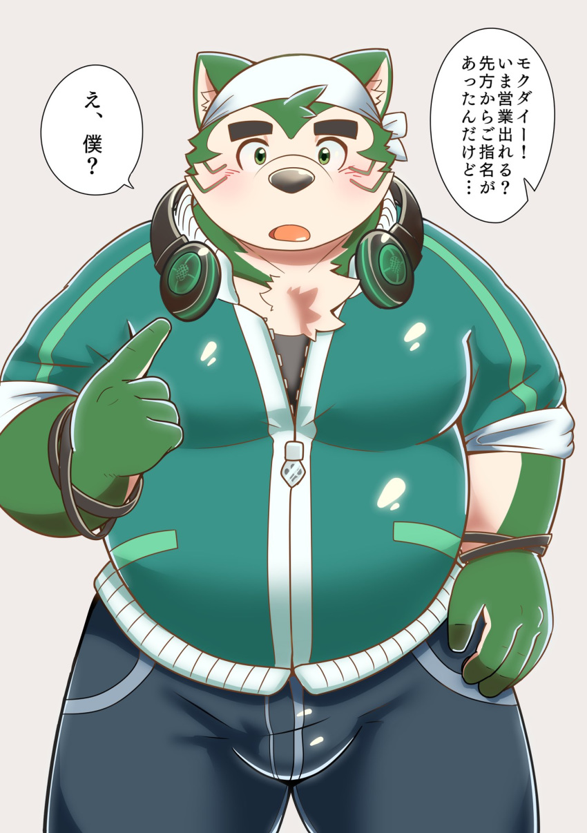 2020 anthro belly blush bottomwear bulge canid canine canis clothing domestic_dog electronics fur green_body green_fur headphones headphones_around_neck hi_res humanoid_hands japanese_text kemono lifewonders live_a_hero male mammal mokdai morosuhe overweight overweight_anthro overweight_male pants shirt simple_background solo text topwear