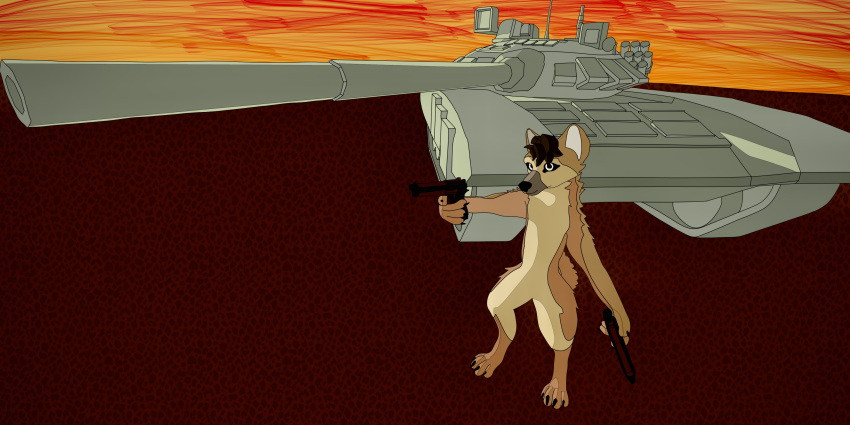 2:1 absurd_res anthro canid canine canis domestic_dog esoteric_martyr gaijin_entertainment gun handgun hi_res male mammal military pistol pose ranged_weapon solo spookston sunset t-72_(tank) tank vehicle war_thunder weapon