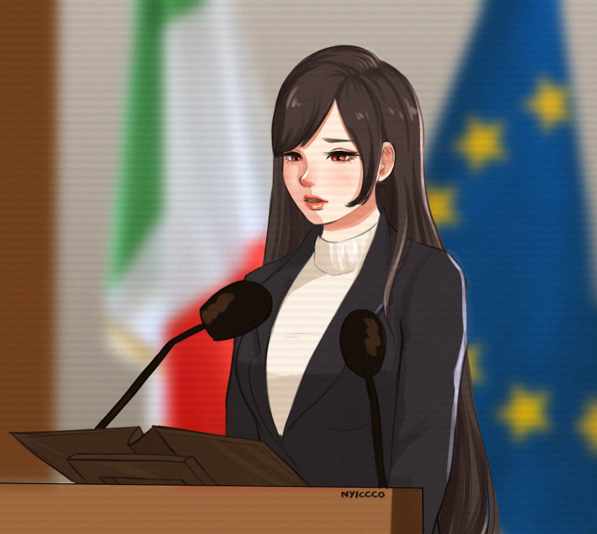 alternate_costume brown_eyes brown_hair business_suit commentary english_commentary european_union_flag female final_fantasy final_fantasy_vii formal highres italian_flag italian_senate_porn_livestream_(meme) long_hair meme microphone nyiccco podium signature solo suit sweater tifa_lockhart turtleneck turtleneck_sweater