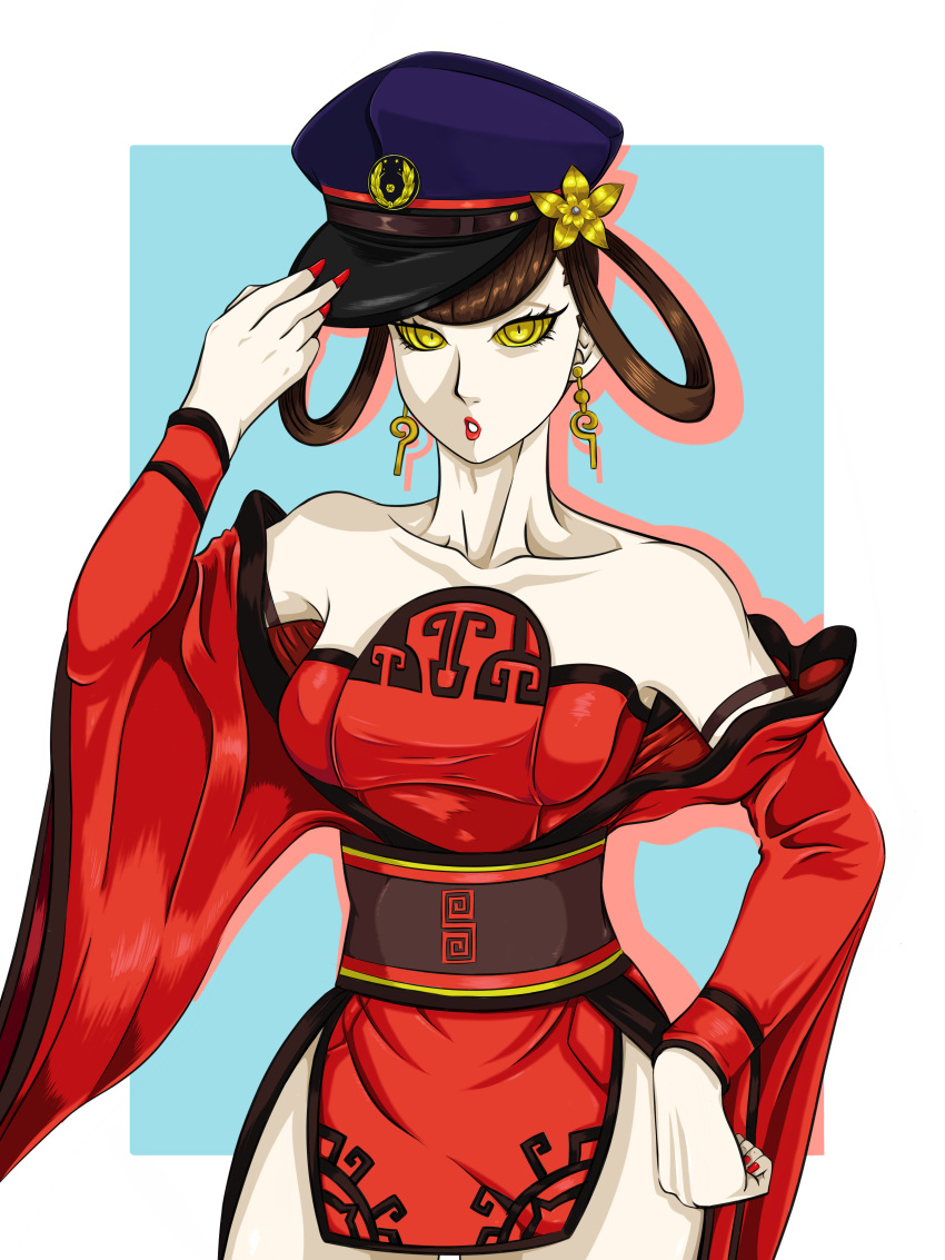 absurdres dress earrings ememtrp female hat highres impossible_hair jewelry long_sleeves md5_mismatch nuwa_(megami_tensei) pale_skin police_hat red_dress red_lips red_nails resolution_mismatch self-upload shin_megami_tensei shin_megami_tensei_v simple_background source_smaller yellow_eyes