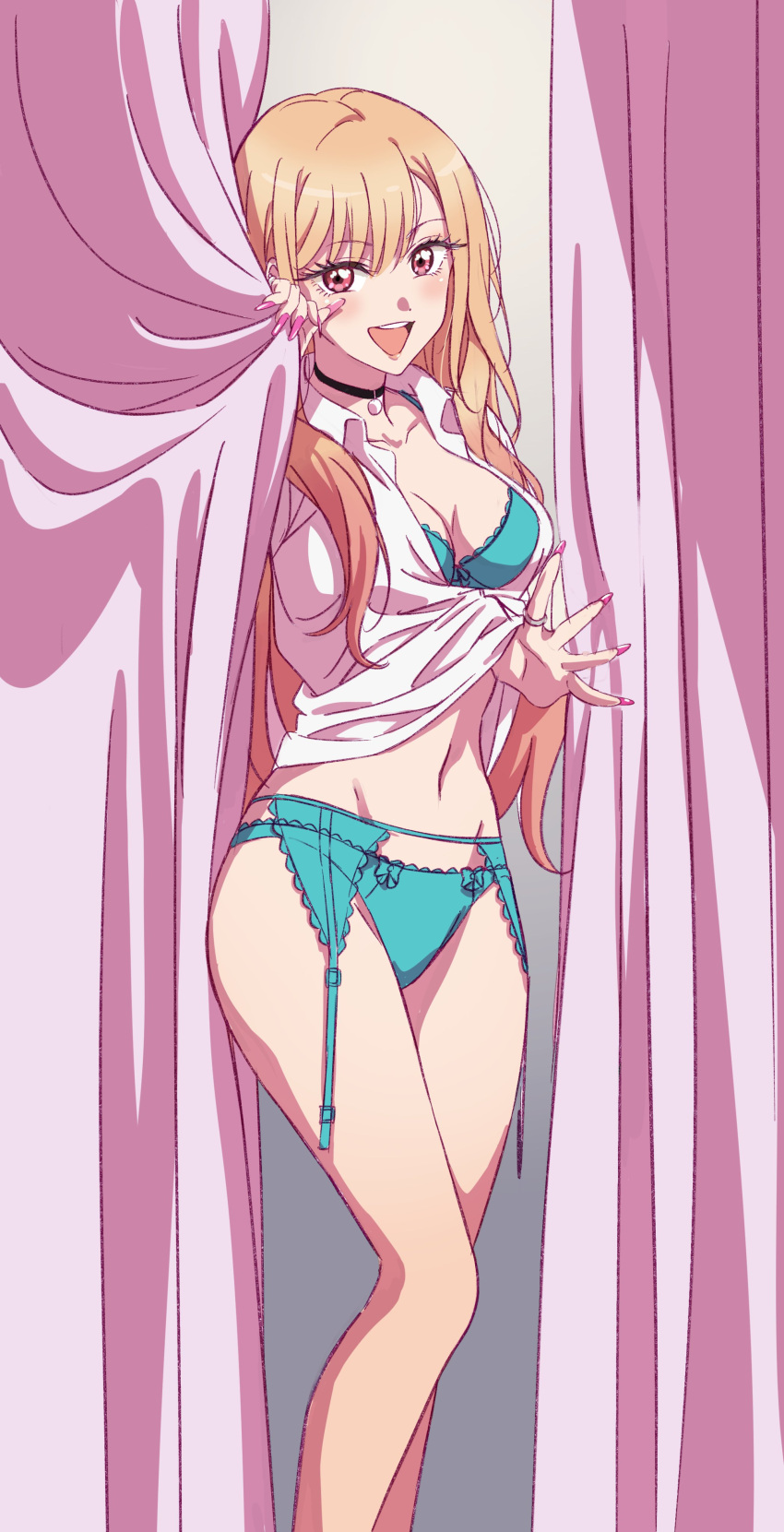 :d absurdres aqua_bra aqua_panties black_choker blonde_hair blush bow bow_panties bra breasts choker cleavage clothes_lift collared_shirt curtain_grab curtains fake_nails feet_out_of_frame female garter_belt highres jewelry kitagawa_marin lifting_own_clothes long_hair navel no_pants official_art open_mouth panties pink_nails red_eyes ring school_uniform shirt shirt_lift smile solo sono_bisque_doll_wa_koi_wo_suru standing teeth underwear upper_teeth_only very_long_hair white_shirt yamazaki_jun