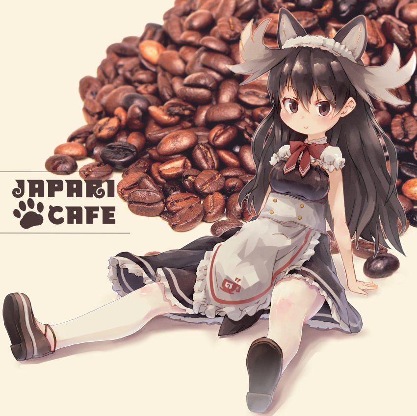 :> alternate_costume animal_ears antlers apron bare_arms black_dress bow bowtie brown_eyes brown_hair coffee_beans commentary_request dress enmaided extra_ears female frilled_dress frills highres horns japari_symbol kemono_friends kemono_friends_3 kolshica loafers long_hair maid maid_apron maid_headdress moose_(kemono_friends) moose_antlers moose_ears moose_girl moose_tail pantyhose photo_background puffy_short_sleeves puffy_sleeves red_bow red_bowtie shoes short_sleeves sitting solo tail white_apron white_pantyhose