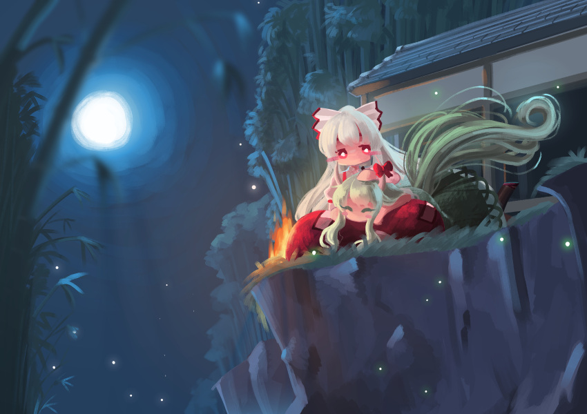 2girls absurdres bamboo bamboo_forest blush_stickers bow bright_pupils building chibi cliff closed_eyes dress english_commentary ex-keine fire forest fujiwara_no_mokou full_body full_moon green_dress green_hair hairbow hand_on_another's_head highres horn_bow horn_ornament horns kamishirasawa_keine long_hair moon multiple_girls nature night outdoors pants red_bow red_eyes red_pants shirt suspenders sweet_reverie tail touhou white_bow white_hair white_pupils white_shirt