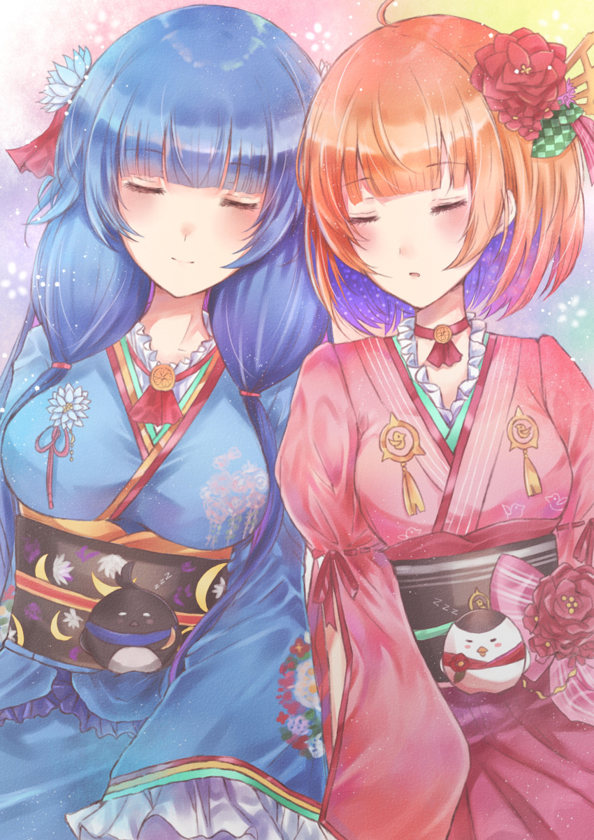 2girls absurdres bad_id bad_twitter_id blue_hair blush bob_cut breasts closed_eyes flower hair_flower hair_ornament hair_tie highres japanese_clothes kimono large_breasts long_hair medium_breasts multicolored_hair multiple_girls namamake open_mouth purple_hair red_flower setsuna_(shironeko_project) shironeko_project short_hair sidelocks sitting sleeping smile towa_(shironeko_project) twintails