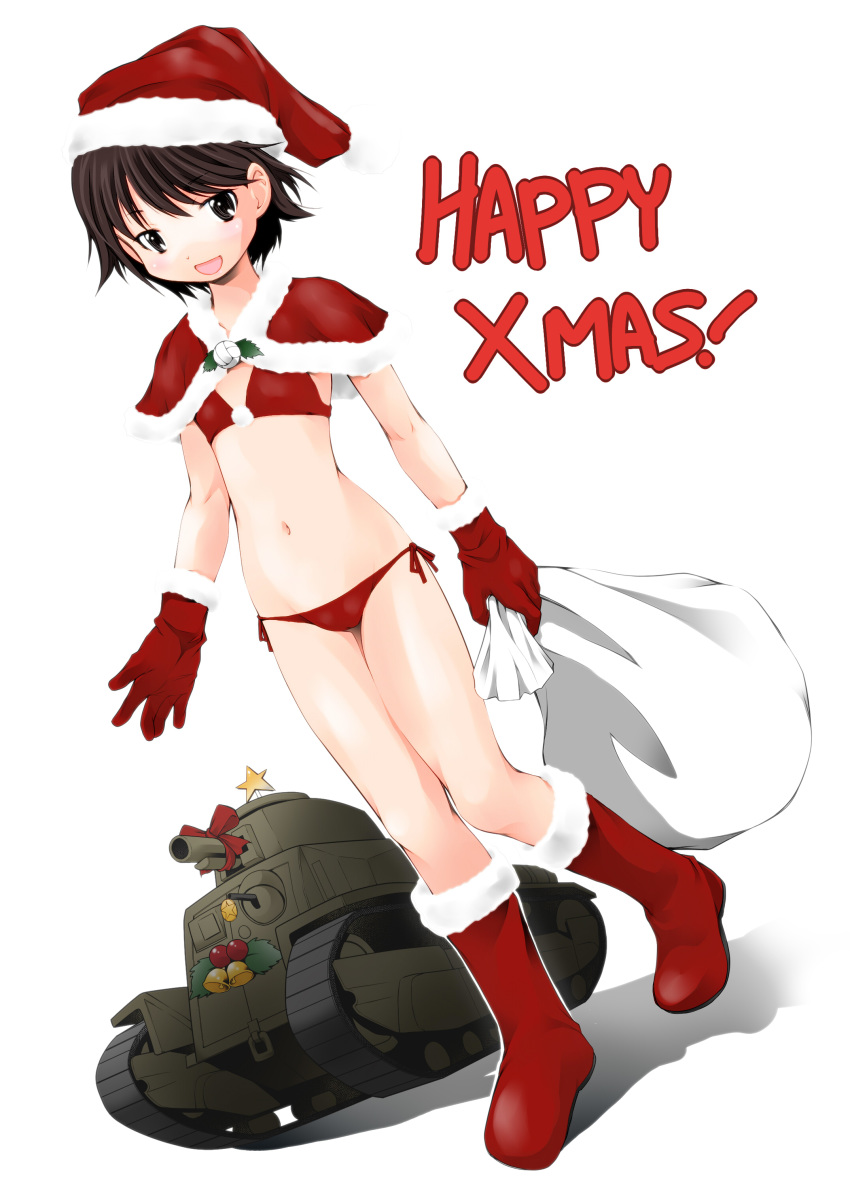 absurdres akiba_nagito alternate_costume bell bikini boots bow breasts brown_eyes brown_hair capelet christmas commentary_request dutch_angle female full_body fur-trimmed_boots fur-trimmed_capelet fur-trimmed_gloves fur_trim girls_und_panzer gloves hat highres holding holding_sack holly isobe_noriko looking_at_viewer merry_christmas military military_vehicle motor_vehicle navel open_mouth red_bikini red_bow red_capelet red_footwear red_gloves red_hat sack santa_bikini santa_costume santa_hat shadow short_hair side-tie_bikini_bottom small_breasts smile solo standing star_(symbol) swimsuit tank type_89_i-gou volleyball walking waving white_background