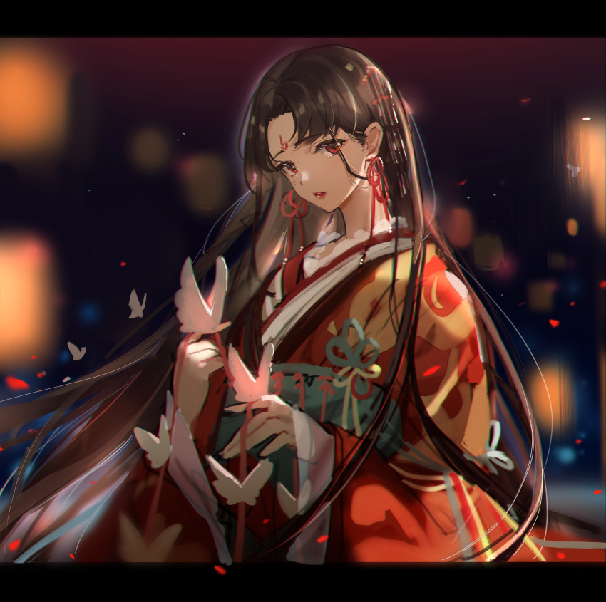 absurdres blurry blurry_background brown_hair bug butterfly character_request commentary_request female floating_hair hair_intakes highres japanese_clothes kimono letterboxed long_hair long_sleeves looking_at_viewer mole mole_under_eye parted_lips red_eyes red_kimono solo standing very_long_hair wenquangua