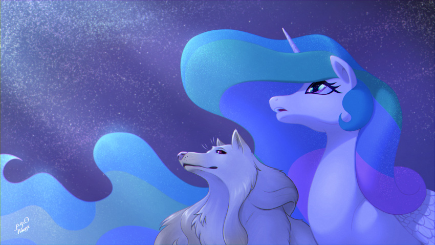 16:9 alicorn arofa_nahmat arofatamahn canid canine canis duo equid equine female feral friendship_is_magic fur hair hasbro hi_res horn larger_female mammal multicolored_body multicolored_fur multicolored_hair my_little_pony mythological_creature mythological_equine mythology night princess_celestia_(mlp) size_difference sky star starry_sky story story_in_description two_tone_body two_tone_fur widescreen wings wolf