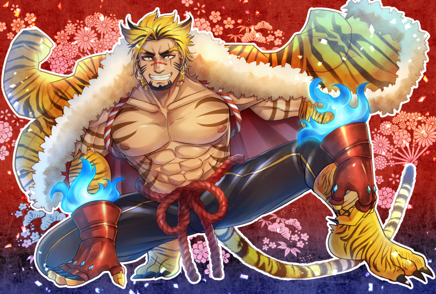 1boy abs absurdres animal_ears bara beard blonde_hair facial_hair highres kageru_(mofnyan) large_pectorals looking_at_viewer male_focus manboobs mature_male muscular muscular_male old old_man original pectorals textless_version tiger_stripes