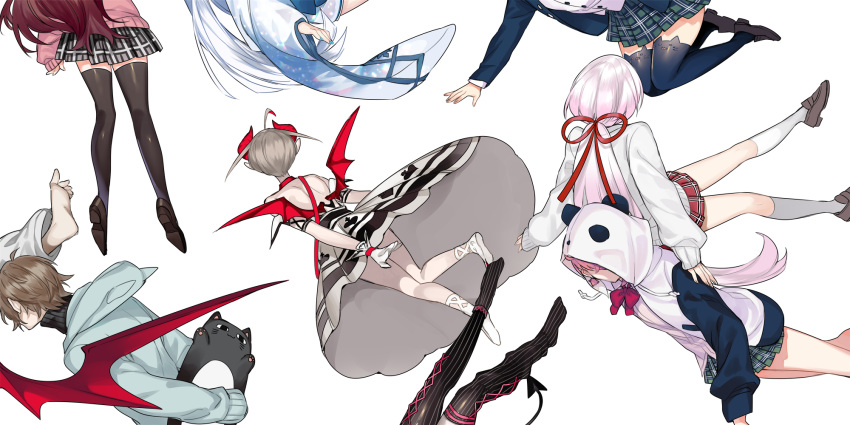 2boys 6+girls ahoge akabane_youko akabane_youko_(1st_costume) animal_ears animal_hood asymmetrical_legwear back back-to-back barefoot bat_wings bear_ears bear_hood black_sweater black_thighhighs blue_hoodie blue_nails bow bowtie brown_footwear brown_hair cardigan cat_ears cat_hood checkered_clothes checkered_skirt collar commentary_request demon_tail falling floating flying gloves hair_ribbon highres holding holding_toy honma_himawari honma_himawari_(1st_costume) hood hood_down hood_up hoodie horns japanese_clothes kanae_(1st_costume)_(nijisanji) kanae_(nijisanji) kimono kneehighs kotobuki_(medetai) kuzuha_(1st_costume)_(nijisanji) kuzuha_(nijisanji) legs long_hair long_sleeves low_ponytail makaino_ririmu makaino_ririmu_(1st_costume) midair multiple_boys multiple_girls nail_polish nijisanji nijisanji_gamers objectification open_clothes open_hoodie panda_ears panda_hood pink_hair pleated_skirt ponytail red_bow red_bowtie red_hair red_ribbon red_wings ribbon roto_(kanae) sasaki_saku sasaki_saku_(1st_costume) school_uniform setsuna_(1st_costume)_(nijisanji) setsuna_(nijisanji) shiina_yuika shiina_yuika_(1st_costume) short_hair simple_background skirt socks straight_hair stuffed_toy sweater tail thighhighs toy turtleneck turtleneck_sweater uneven_legwear virtual_youtuber white_background white_gloves white_hair white_legwear wings yamiyono_moruru yamiyono_moruru_(1st_costume)