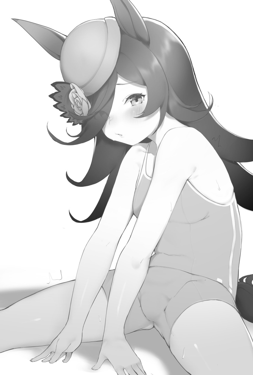 animal_ears bare_shoulders blush eyes_visible_through_hair female flower greyscale hair_flower hair_ornament hair_over_one_eye hat highres horse_ears horse_girl horse_tail long_hair looking_at_viewer looking_to_the_side messy_hair monochrome parted_lips rice_shower_(umamusume) sidelocks sitting sleeveless solo spread_legs sweat swept_bangs swimsuit tail teriibol thighs umamusume white_background