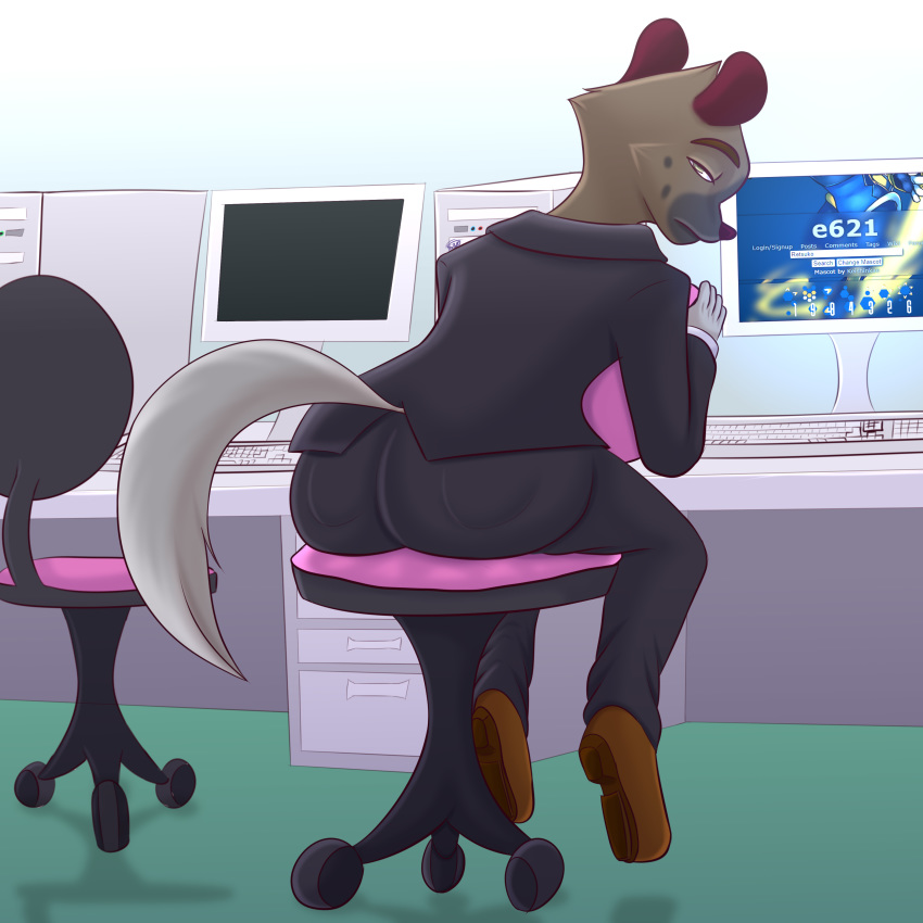 1:1 absurd_res aggretsuko ass clothed clothing damian5320 e621 femboy footwear haida_(aggretsuko) hi_res hyena male mammal office sanrio sitting solo spotted_hyena