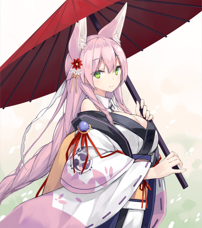 animal_ear_fluff animal_ears bare_shoulders braid breasts cleavage closed_mouth commentary_request duplicate female flower fox_ears fox_girl green_eyes hair_between_eyes hair_flower hair_ornament hair_over_shoulder highres holding holding_umbrella japanese_clothes kimono large_breasts long_hair long_sleeves looking_at_viewer looking_to_the_side mitsudomoe_(shape) momoyama_tsutsune obi off_shoulder oil-paper_umbrella original parasol pink_hair pixel-perfect_duplicate poco_(asahi_age) red_umbrella ribbon-trimmed_sleeves ribbon_trim sash smile solo tomoe_(symbol) twin_braids umbrella very_long_hair white_kimono wide_sleeves wing_collar