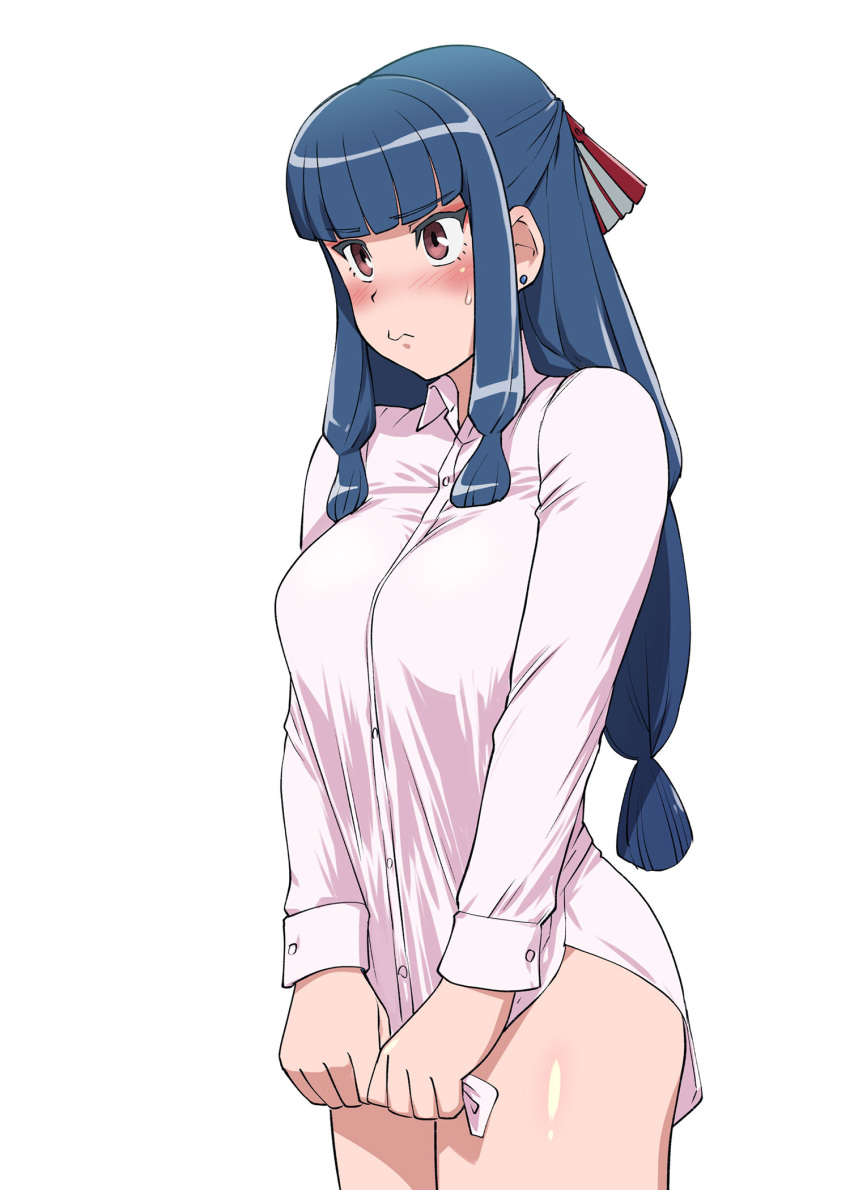 appare-ranman! blue_hair blunt_bangs blush breasts clothes_pull eyeliner female hair_ornament half_updo highres jing_xia_lian large_breasts makeup no_pants pink_eyes shirt shirt_pull solo standing thighs ueyama_michirou white_background