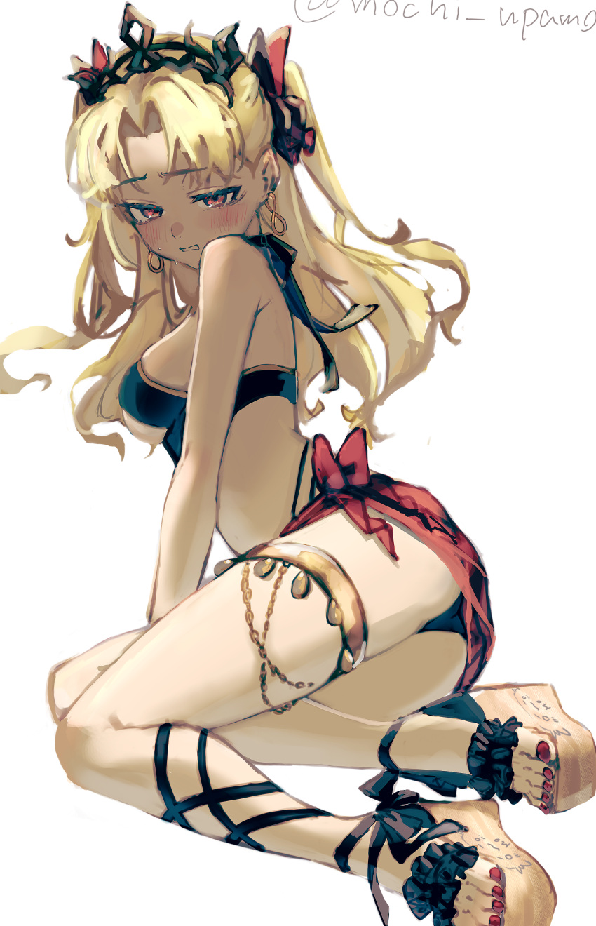 absurdres alternate_costume anklet bikini black_bikini blonde_hair breasts commentary_request earrings ereshkigal_(fate) fate/grand_order fate_(series) female hair_ribbon highres jewelry long_hair medium_breasts mochi_upamo parted_bangs red_eyes red_nails red_ribbon red_sarong ribbon sandals sarong simple_background sitting solo sweat swimsuit toenails toes twitter_username two_side_up white_background yokozuwari