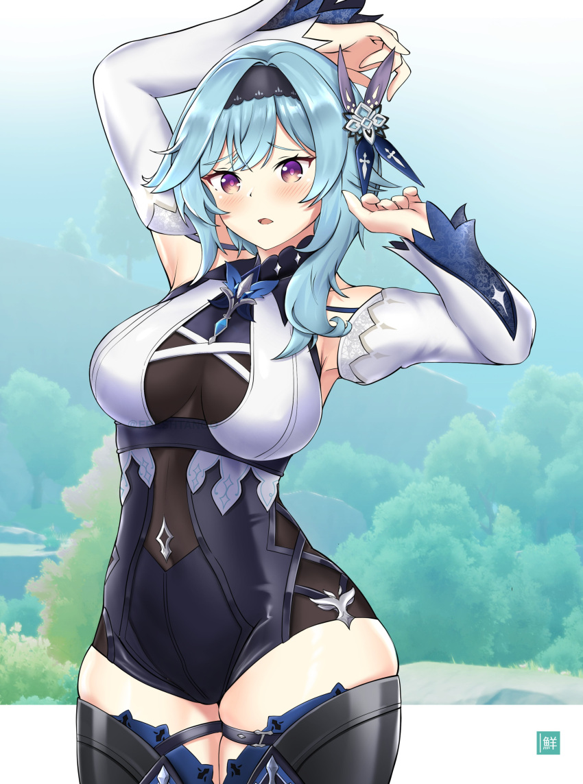 absurdres arm_behind_head arms_up artist_logo bare_shoulders black_leotard blue_hair border breasts bush cowboy_shot cross-laced_clothes curled_fingers detached_sleeves english_commentary eula_(genshin_impact) female forehead freshtango genshin_impact hair_ornament hairband highres large_breasts leotard light_blue_hair long_hair parted_bangs purple_eyes solo thigh_strap thighhighs tree vision_(genshin_impact) white_border wide_hips