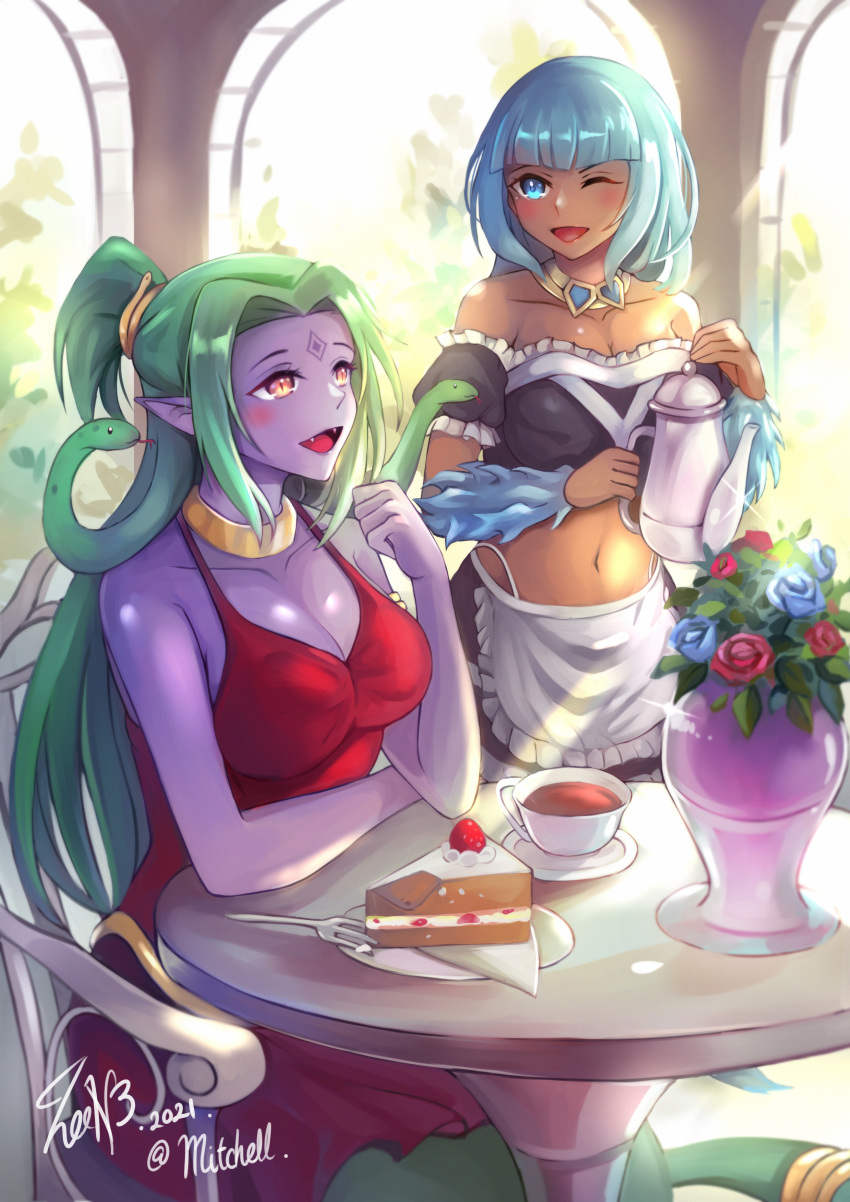 2girls :d ;d absurdres blue_eyes blue_hair blunt_bangs blush breasts cake cake_slice cleavage collarbone colored_skin commission dark-skinned_female dark_skin dress echidna_(monster_girl_encyclopedia) facial_mark fangs flower food forehead_mark fork green_hair hair_ornament highres lamia large_breasts long_hair maid midriff monster_girl monster_girl_encyclopedia multiple_girls navel one_eye_closed open_mouth orange_eyes original pointy_ears purple_skin red_dress sitting smile snake_hair snake_hair_ornament tail tail_ornament vase zee_n3