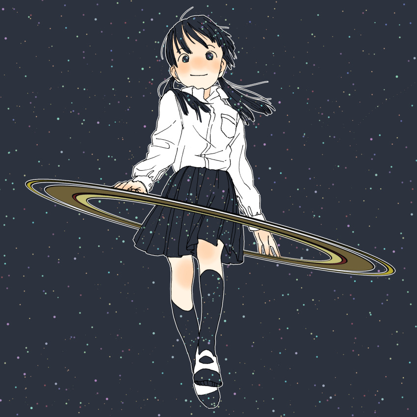 black_background black_eyes black_hair black_skirt black_socks blush closed_mouth collared_shirt commentary_request female full_body highres kneehighs long_hair long_sleeves looking_at_viewer open_collar original planetary_ring pleated_skirt shiki_haru shirt shirt_tucked_in skirt smile socks solo starry_background twintails white_footwear white_shirt